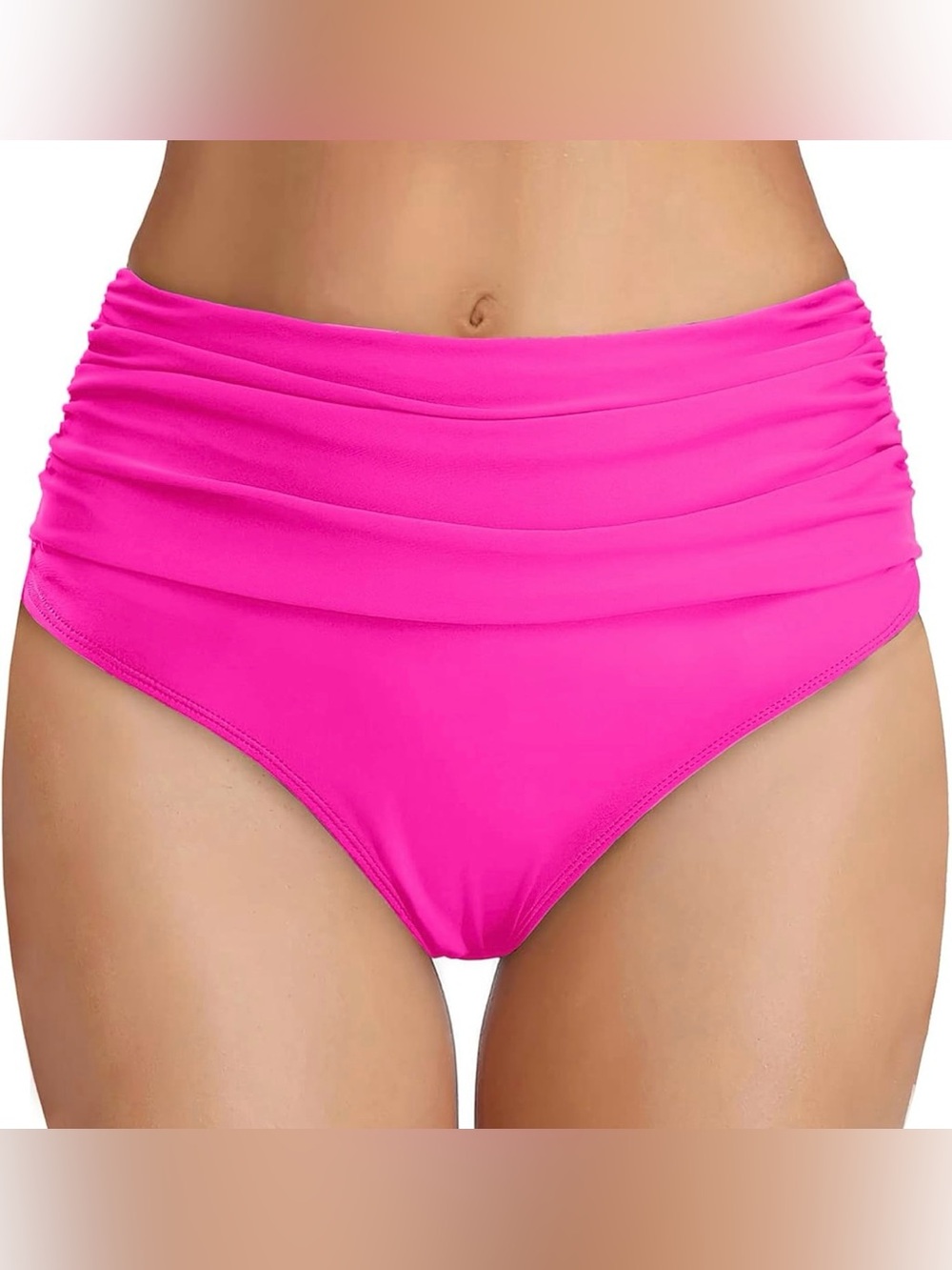 Pink  High Waisted Ruched Bikini Bottom Tummy Control - Medium